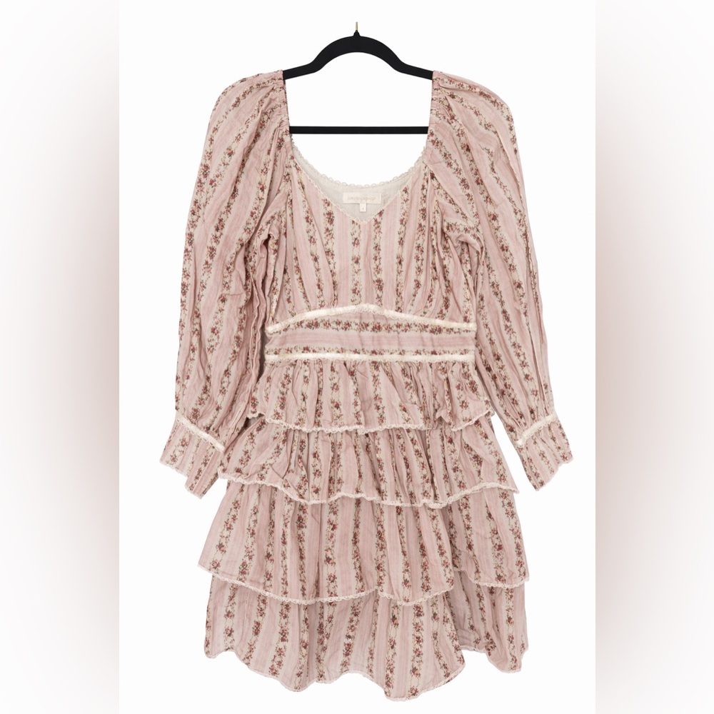 LoveShackFancy Cream and Pink Cotton tier dress